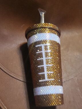 Glitter Football Tumbler Cup with Straw - Gold